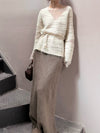 SWAYING 25 Fall/Winter Collection: Fringe-trimmed Yak Wool Maxi Skirt SW-SW25AW3B15C1S2-HZ (Gray-Brown)